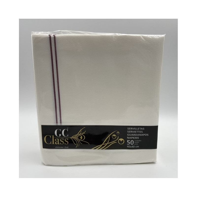 SERVIETTES DE TABLE NON TISSEES 2 PLIS 60G 40X40CM GC CLASS BLANC LISERE BORDEAUX GOMA- CARTON DE 500