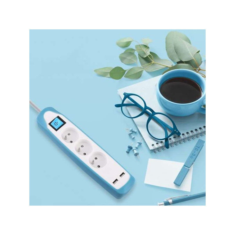 BLOC 3P+INTER+2USB 3G1 2M BLANC BLEU