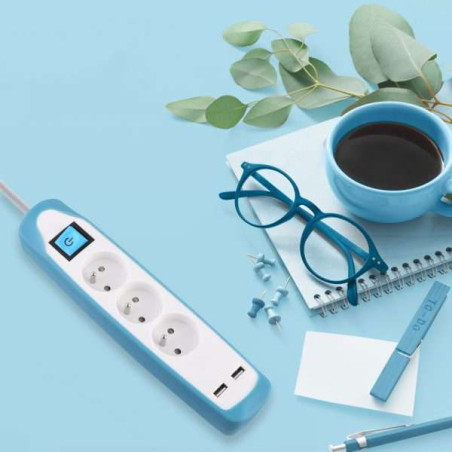 BLOC 3P+INTER+2USB 3G1 2M BLANC BLEU