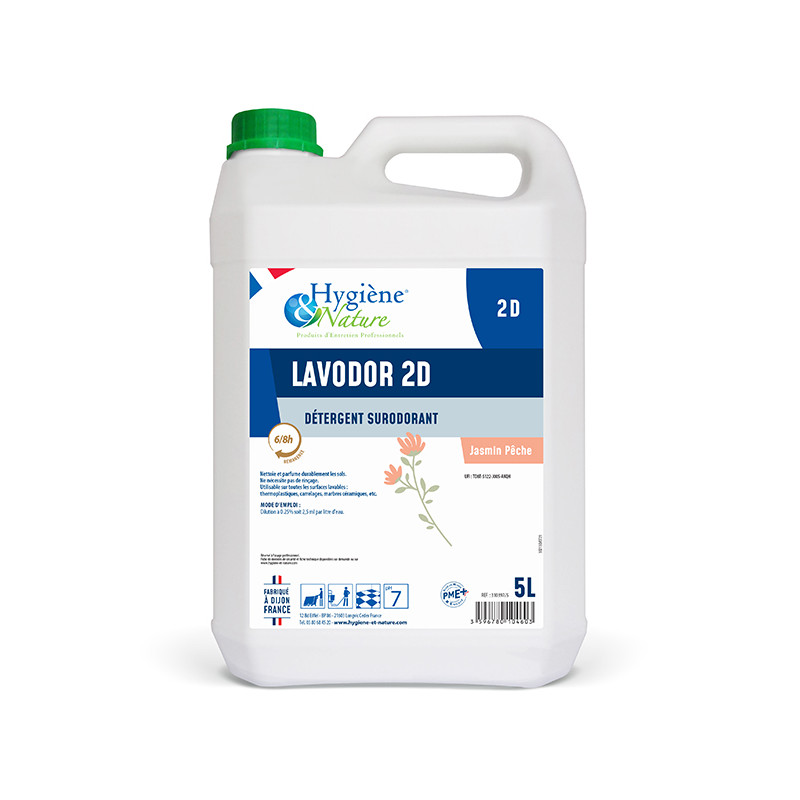 LAVODOR 2D DETERGENT SURODORANT REMANENT SOLS ET SURFACES PH:7 PARFUM JASMIN PECHE BIDON DE 5L