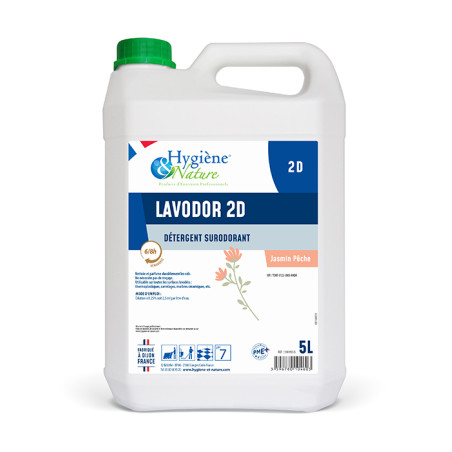 LAVODOR 2D DETERGENT SURODORANT REMANENT SOLS ET SURFACES PH:7 PARFUM JASMIN PECHE BIDON DE 5L