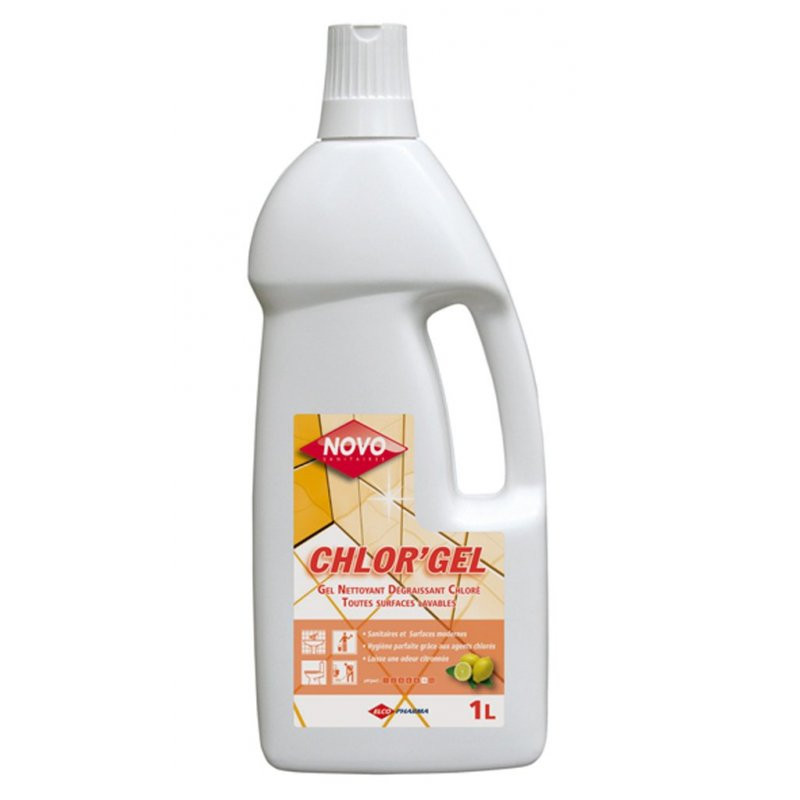 NOVO CHLOR'GEL JAVEL NETTOYANT DEGRAISSANT SURFACES LAVABLES PH : 12,5 PARFUM EUCALYPTUS FLACON DE 1L