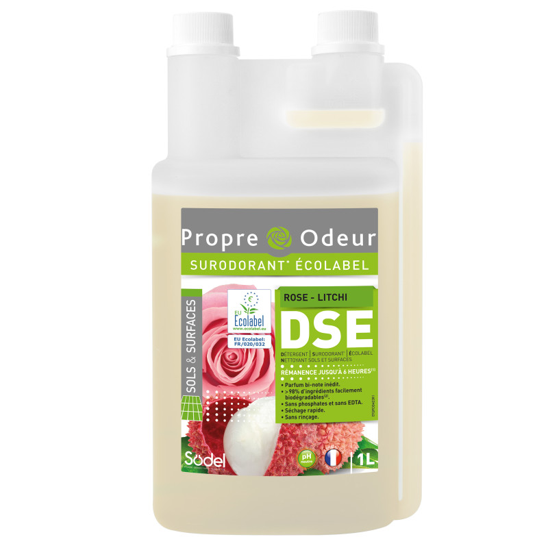 DSE DETERGENT SURODORANT PROPRE ODEUR PH : 6,5-7,5 ECOLABLE PARFUM ROSE LITCHI FLACON DE 1L