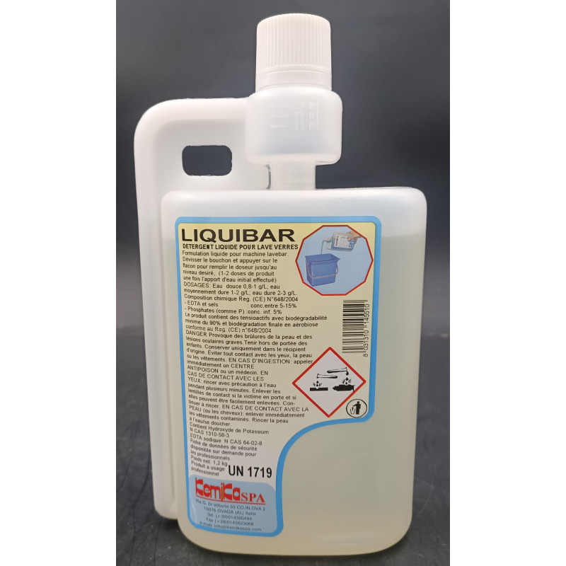 KEMIKA LIQUIBAR DETERGENT LIQUIDE POUR LAVE-VERRES ET LAVE-VAISSELLE PH: 13.2 ± 0.2 FLACON DOSEUR DE 1.2L