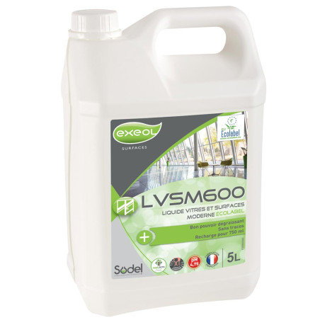 NETTOYANT VITRES ET SURFACES MODERNES pH:4,75 ECOLABEL LVSM600 EXEOL BIDON DE 5L
