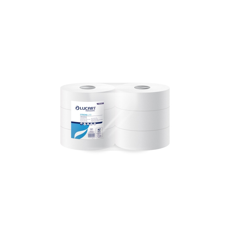 PAPIER TOILETTE JUMBO STRONG 270M 1125F 2PLIS LAIZE 8,5CM Ø24,5CM PURE OUATE BLANC LUCART (812157A)- COLIS DE 6 RLX
