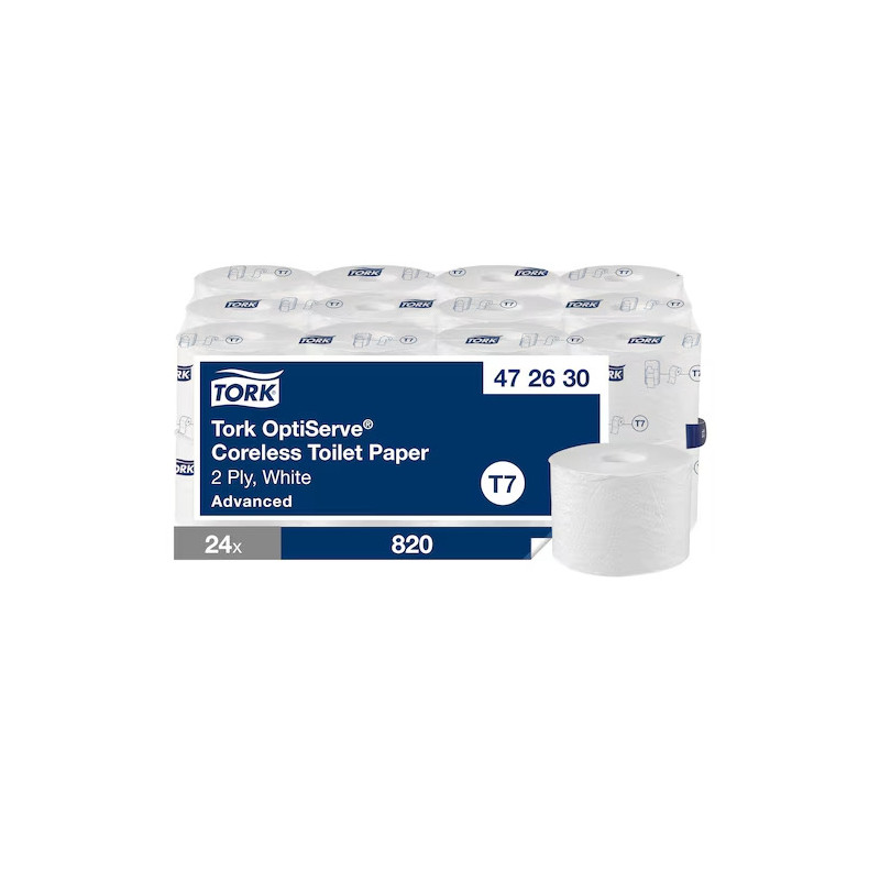 TORK PAPIER TOILETTE, PURE OUATE, 2PLIS,GAUFRE SM,94,3M, LAIZE 9,3CM, Ø 13,10CM, 820F SYSTEME T7 (472630)- COLIS DE 24 RLX