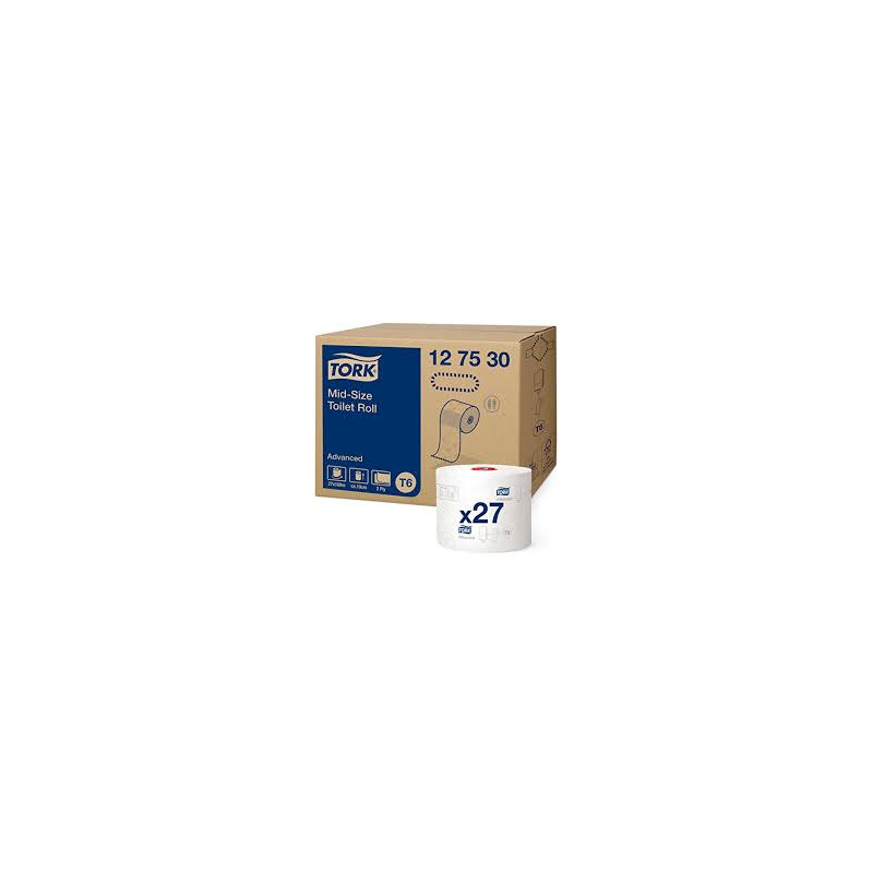 TORK MID-SIZE PAPIER TOILETTE, PURE OUATE, 2PLIS,100M, LAIZE 9,9CM, Ø 13,20CM, SYSTEME T6 (127530)- COLIS DE 27 RLX