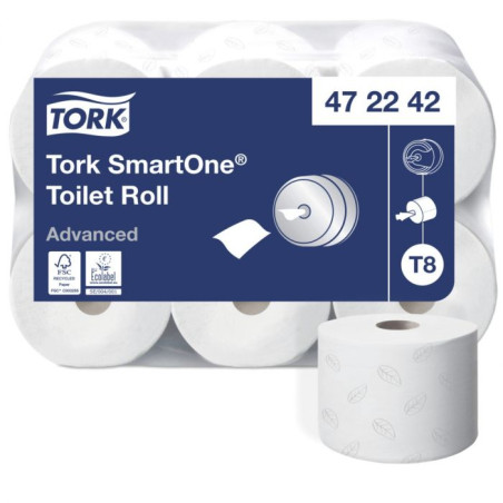 TORK SMARTONE PAPIER TOILETTE 207M 1150F 2PLIS LAIZE 13,4CM Ø19,9CM PURE OUATE BLANC SYSTEME T8 (472242)- COLIS DE 6 RL