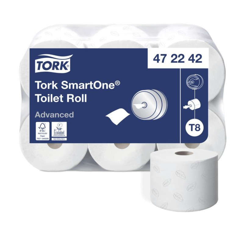 TORK SMARTONE PAPIER TOILETTE 207M 1150F 2PLIS LAIZE 13,4CM Ø19,9CM PURE OUATE BLANC SYSTEME T8 (472242)- COLIS DE 6 RLX