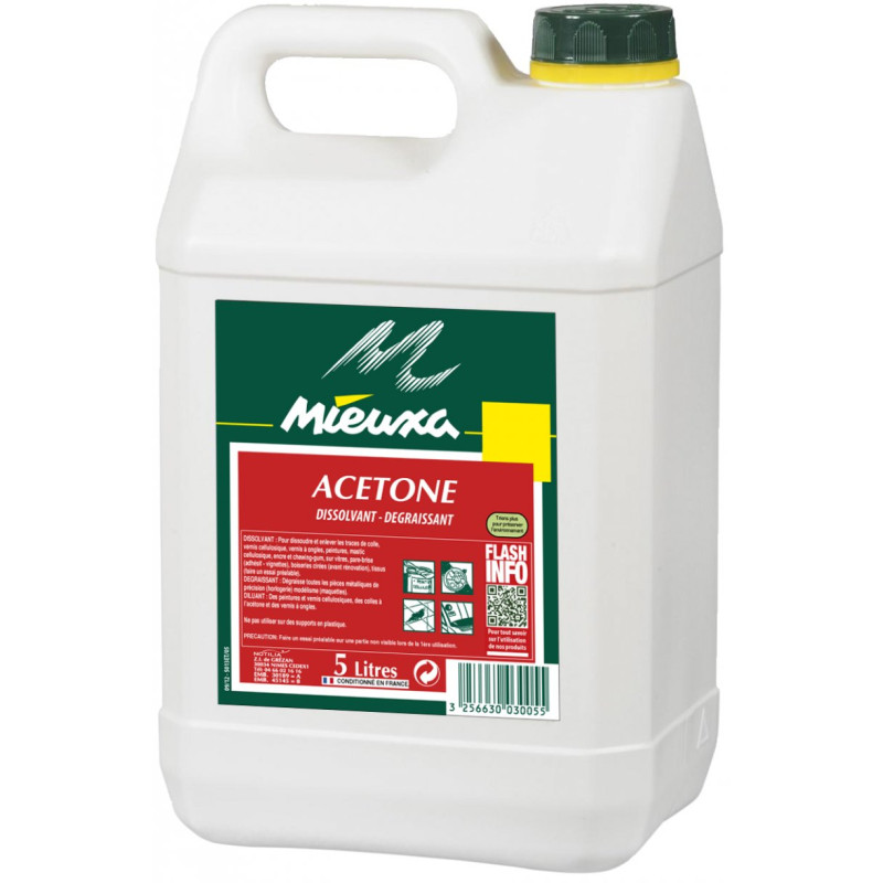 ACETONE DISSOLVANT DEGRAISSANT CONTRE LES TRACES DE COLLES VERNIS PEINTURE MIEUXA 5L