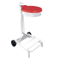 CHARIOT PORTE SAC MOBILE 110L AVEC PEDALE METAL BLANC COUVERCLE ROUGE