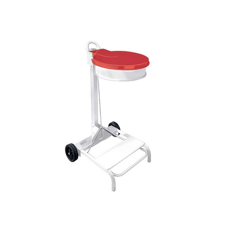 CHARIOT PORTE SAC MOBILE 110L AVEC PEDALE METAL BLANC COUVERCLE ROUGE