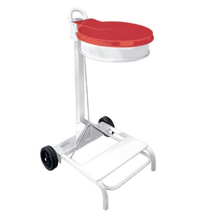 CHARIOT PORTE SAC MOBILE 110L AVEC PEDALE METAL BLANC COUVERCLE ROUGE