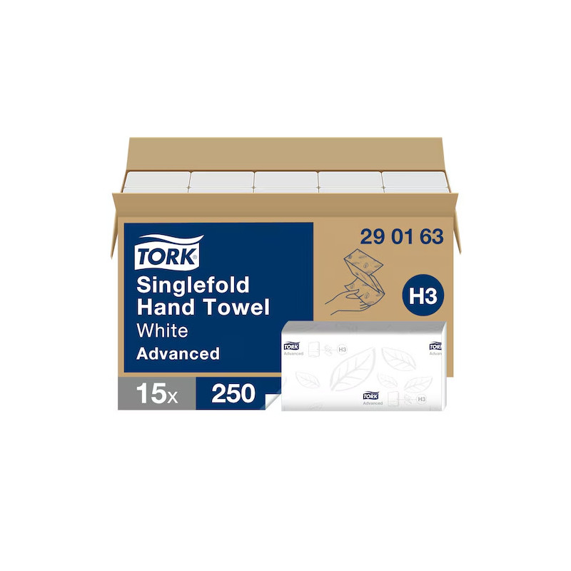 TORK ESSUIE MAINS PLIAGE V -11,5X24,8CM 2PLIS PURE OUATE BLANC ECOLABEL SYSTEME H3 (290163)-CARTON DE 3750 FORMATS