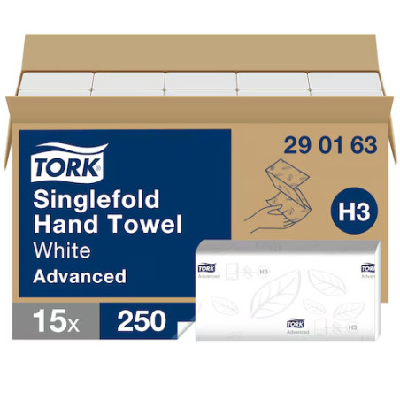 TORK ESSUIE MAINS PLIAGE V -11,5X24,8CM 2PLIS PURE OUATE BLANC ECOLABEL SYSTEME H3 (290163)-CARTON DE 3750 FORMATS