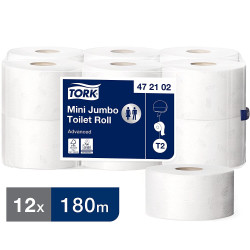 TORK PAPIER TOILETTE MINI JUMBO,180M PURE OUATE, 2PLIS, LAIZE 9,10CM, Ø 19CM, 900F SYSTEME T2 (472102)- COLIS DE 12 RLX