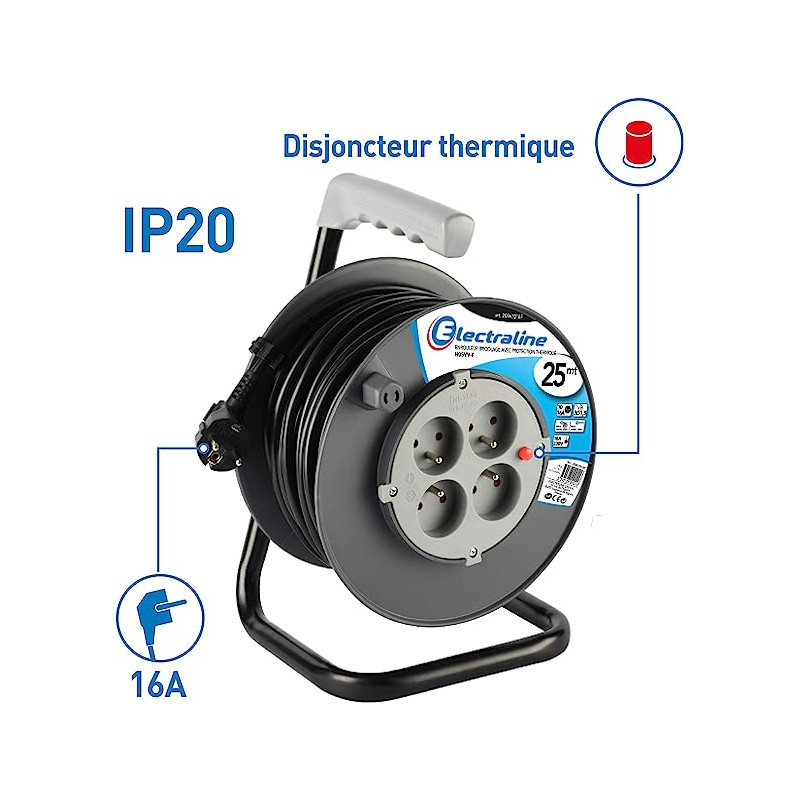 RALLONGE ELECTRIQUE ENROULEUR 25M 4 PRISES 16A 3G1.5MM