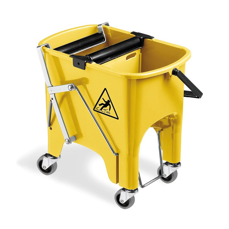 SEAU DE LAVAGE ROCKET 2X8L ROULEAUX ESSOR A PEDALE JAUNE A ROUES 