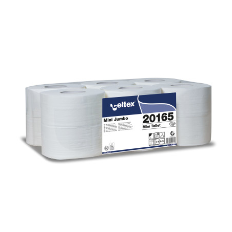 PAPIER TOILETTE MINI JUMBO 160M 2PLIS GAUFRE LAIZE 9,2CM Ø19CM PURE OUATE BLANC CELTEX (C20165)- COLIS DE 12 RLX