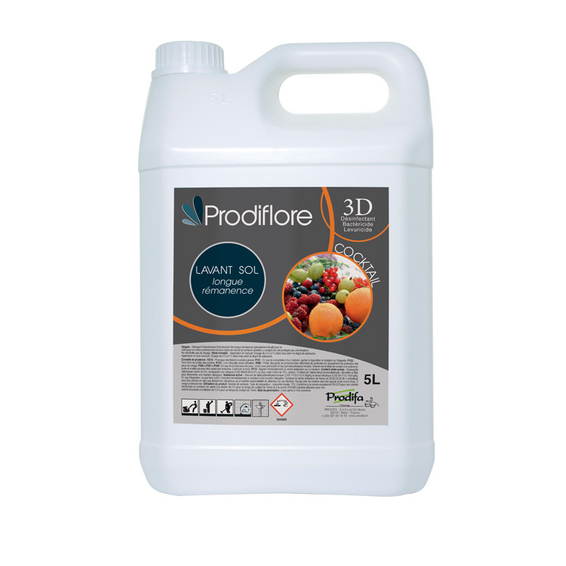 PRODIFLORE 3D DETERGENT DESODORISANT DESINFECTANT SOL LONGUE DUREE PH:6,5 PARFUM COCKTAIL BIDON DE 5L 