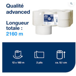 TORK PAPIER TOILETTE MINI JUMBO,180M PURE OUATE, 2PLIS, LAIZE 9,10CM, Ø 19CM, 900F SYSTEME T2 (472102)- COLIS DE 12 RLX