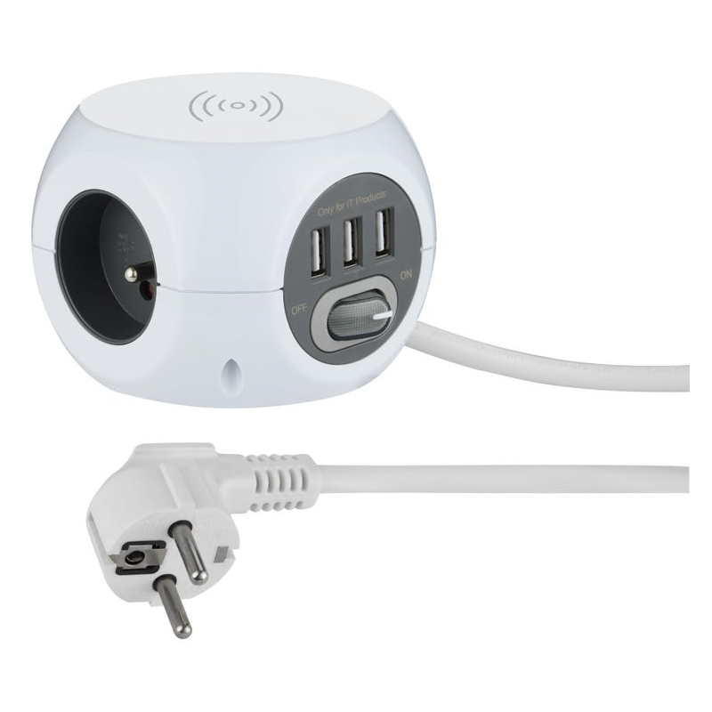 BLOC MULTIPRISES MINI CUBE 3PRISES+3PORTS USB+WIRELESS CHARGE