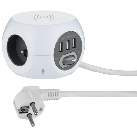 BLOC MULTIPRISES MINI CUBE 3PRISES+3PORTS USB+WIRELESS CHARGE
